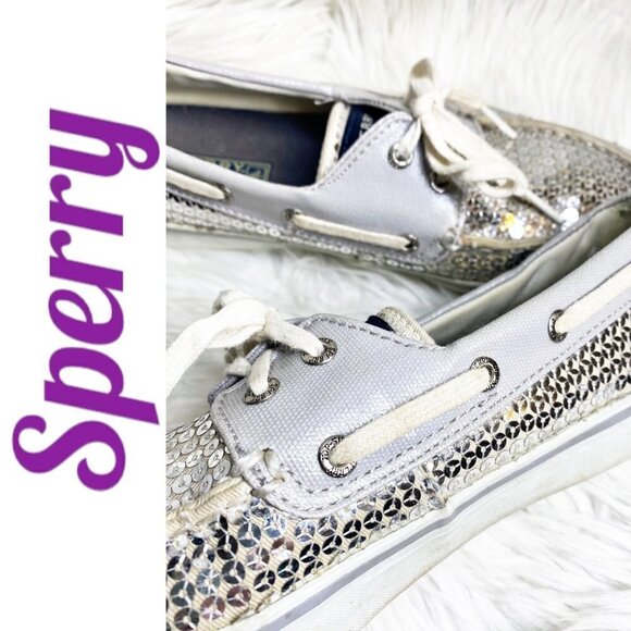 SPERRY TOPSIDER Bahama Silver Sequin Boat Shoe, Size 7 - Picture 11 of 12
